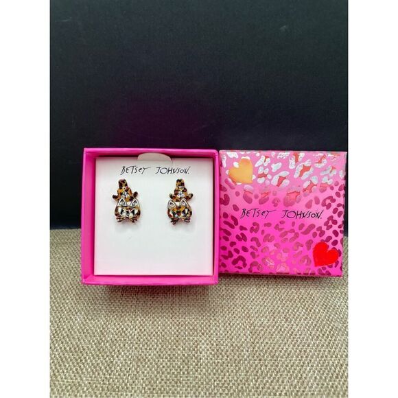 NWT Betsey Johnson Leopard "Mini Critters" Drop Dangle Cat Earrings in Gift Box - Picture 2 of 4